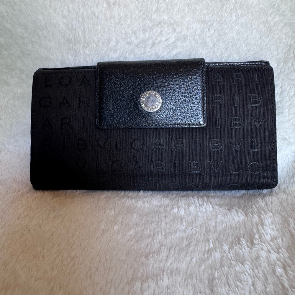 Bvlgari Authentic Black Mono Coated Canvas Trifold Long Wallet VGUC